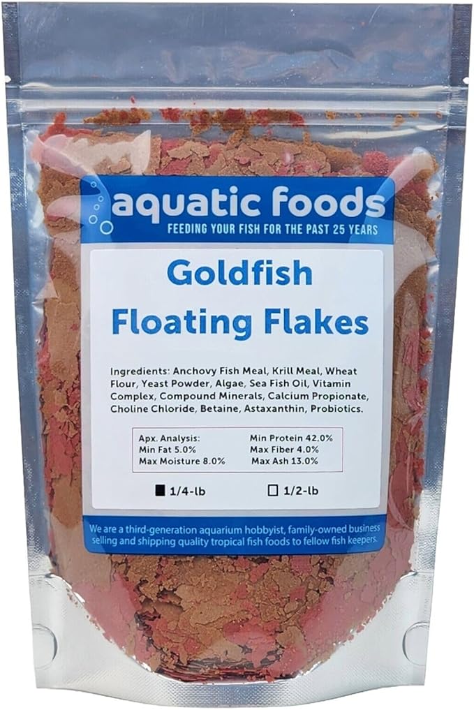 Aquatic Foods Inc. Goldfish Flakes, 42% Protein Color Enhancing and Spirulina Flakes for Aquarium & Pond Goldfish, Koi and All Pond Fish...WL…1/4-lb Foil Pouch Bag