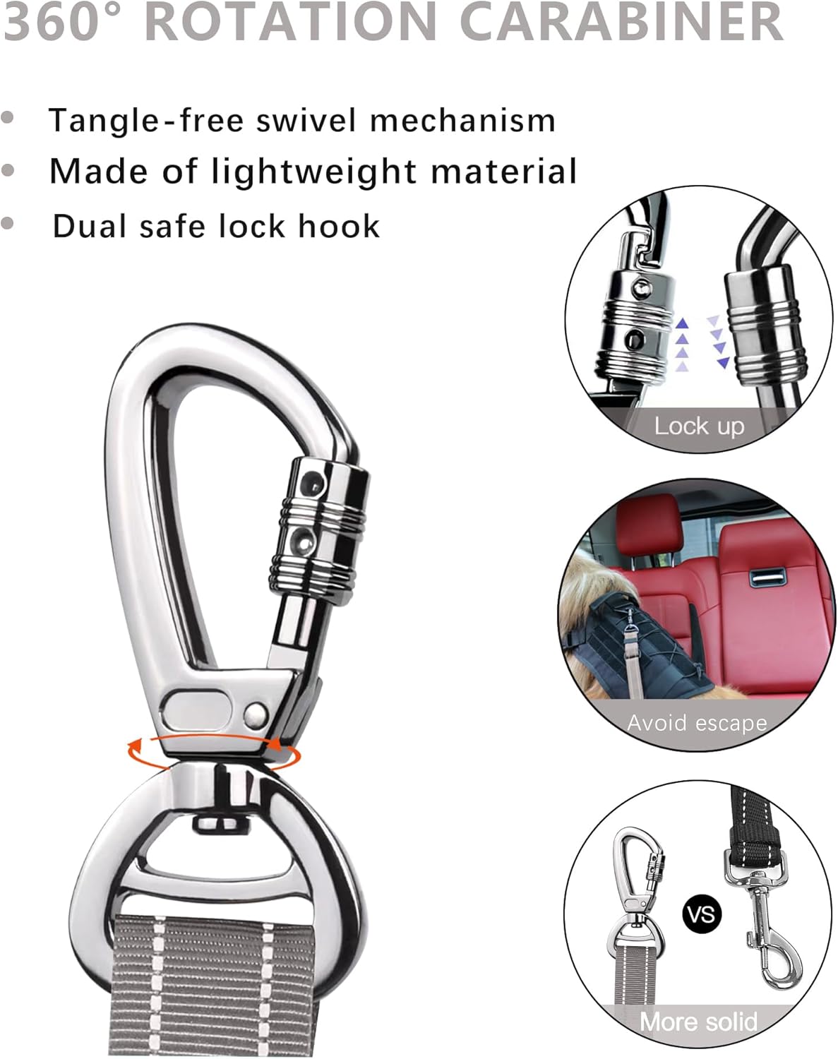 AUBELL Dog Seat Belt for Car,2 Pack Set 3-in-1 Adjustable Reflective Bungee Heavy Duty Dog Car Harness Tether with Clip Hook Latch & Buckle,Swivel Zinc Alloy Carabiner,Black+Grey