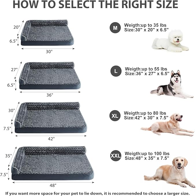 BFPETHOME Extra Large Orthopedic Dog Bed, L-Shaped Pet Bed for Dogs up to 100 lbs, Waterproof, Removable Washable Cover, Non-Slip Base, 48 x 35 x 7.5 inches, Dark Grey