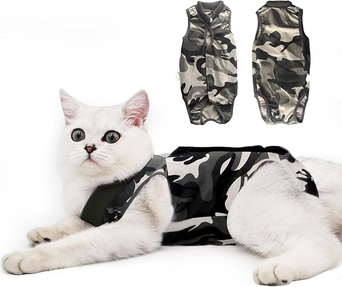 DOTON Cat Recovery Suit for Male and Female Surgical Post Surgery Soft Cone Onesie Shirt Clothes Neuter Licking Protective Diapers Outfit Cover Kitten Spay Collar(S, Camouflage)