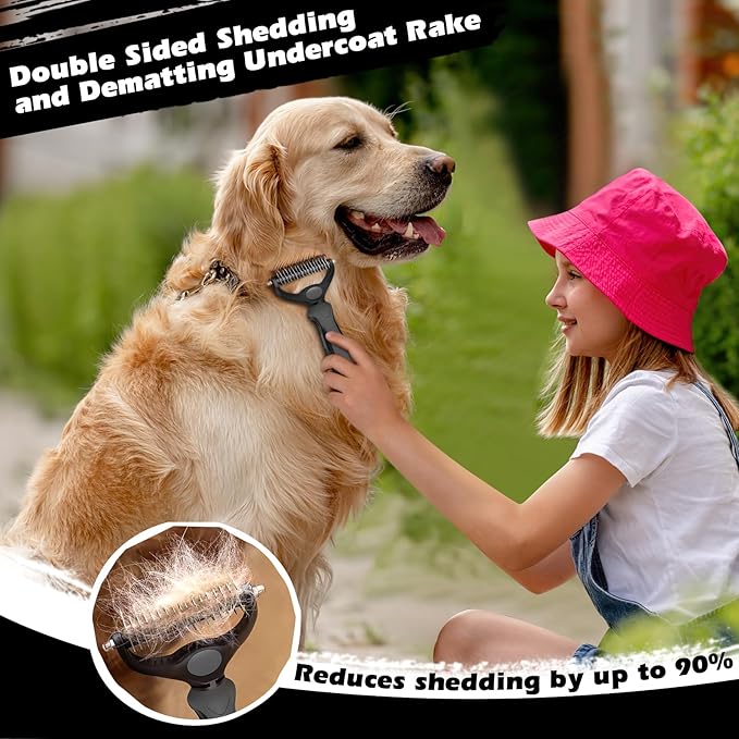 3PCS Self Cleaning Slicker Brush & Pet Grooming Rake & Flea Comb for Dogs,Cats and Horses | Double-Sided Dematting Comb & Skin Friendly Deshedding Grooming Tool | Premium Pet Supplies（Gray Black)