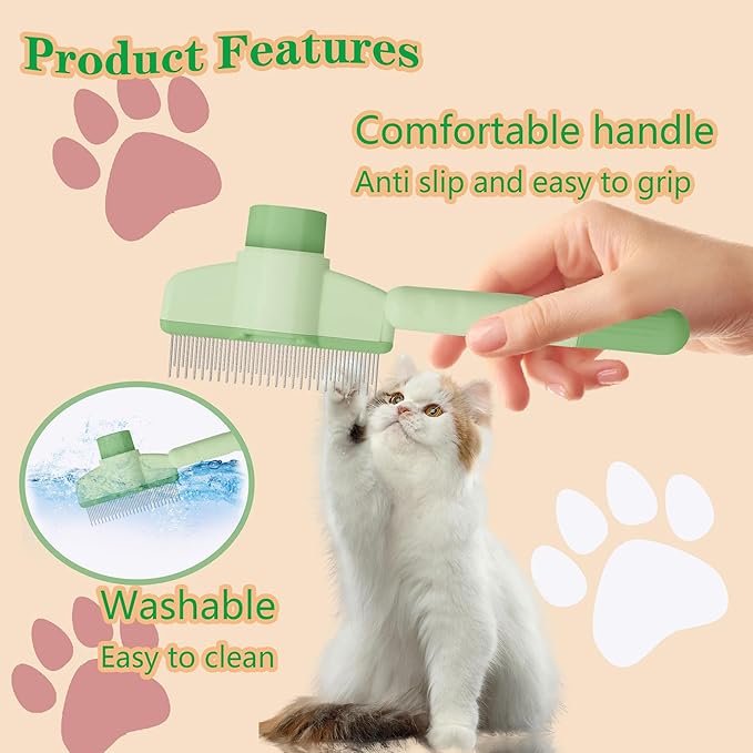 Cat Comb Dog Comb Pet Hair Removal Tool Flea Comb for Cats and Dog Lice Comb Cat Brush with Release Button Self-Cleaning with Long & Short Stainless Steel Metal Teeth for Shedding