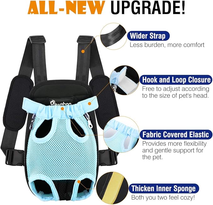Pawaboo Pet Carrier Backpack, Adjustable Pet Front Cat Dog Carrier Backpack Travel Bag, Legs Out, Easy-Fit for Traveling Hiking Camping for Small Medium Dogs Cats Puppies, Large, Blue
