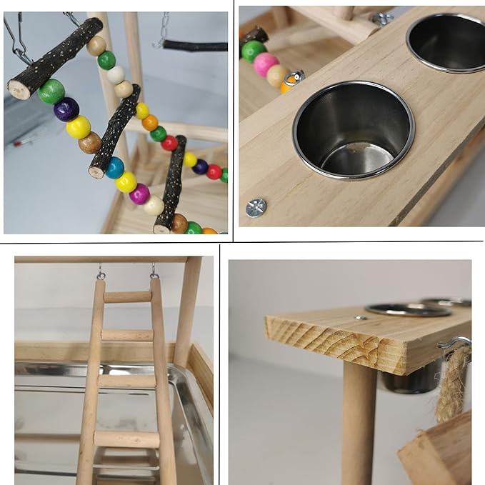 Hamiledyi Parrots Playground Bird Play Gym Wood Perch Stand Colours Climb Ladders Swing Chewing Toys with Parakeet Feeding Cups Exercise Activity Center for Conure Cockatiel Lovebirds(Include a Tray)