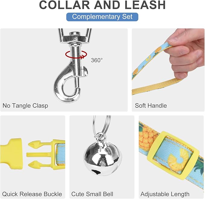 EXPAWLORER Small Dog Harness and Leash Set - Cute Puppy Harness Leash Dog Collar with AirTag Holder Silicone Case, Soft Padded Step in Pet Vest Reflective for Outdoor Walking, Pineapple M