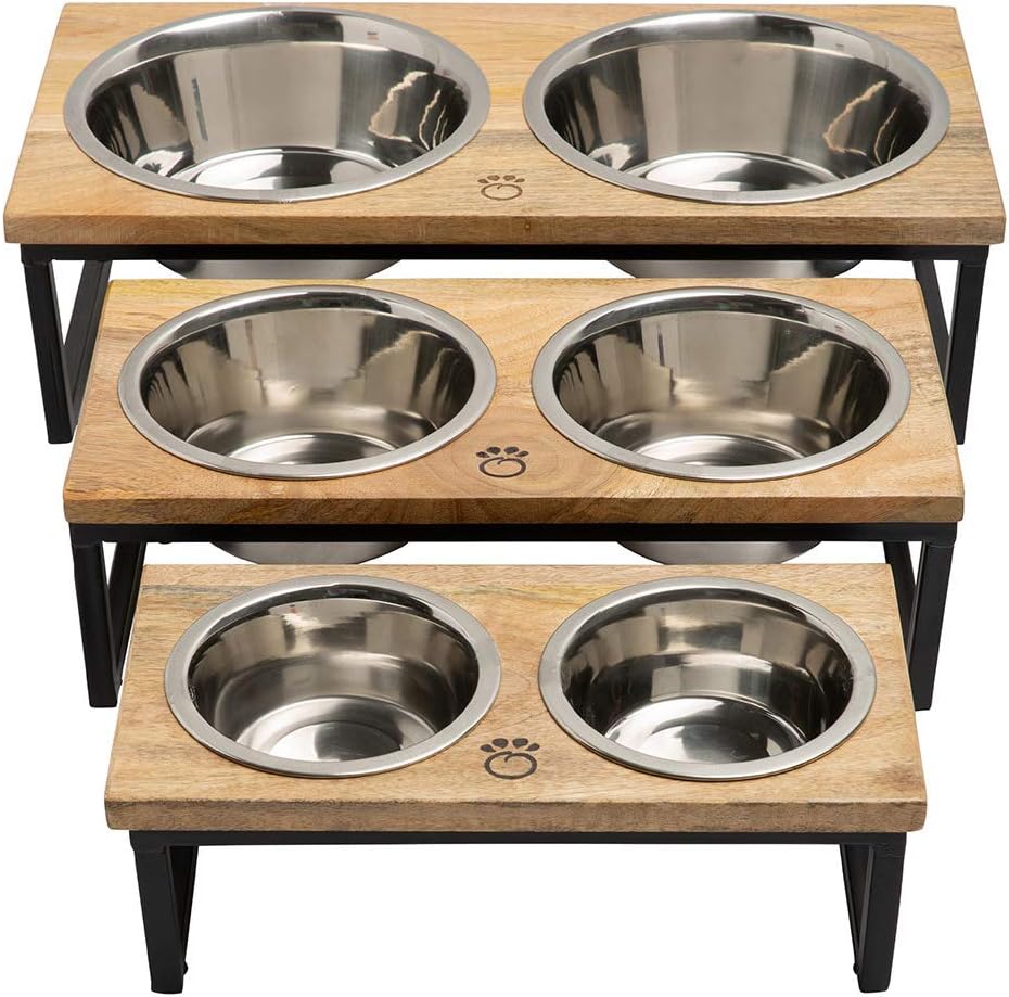 Mango Wood Dog Bowl Stand - Elevated Pet Feeder with 2 Stainless Steel Bowls - Raised Food and Water Dish Set for Dogs and Cats, Available in 4 Sizes, Pet Dining Station, Large/48oz