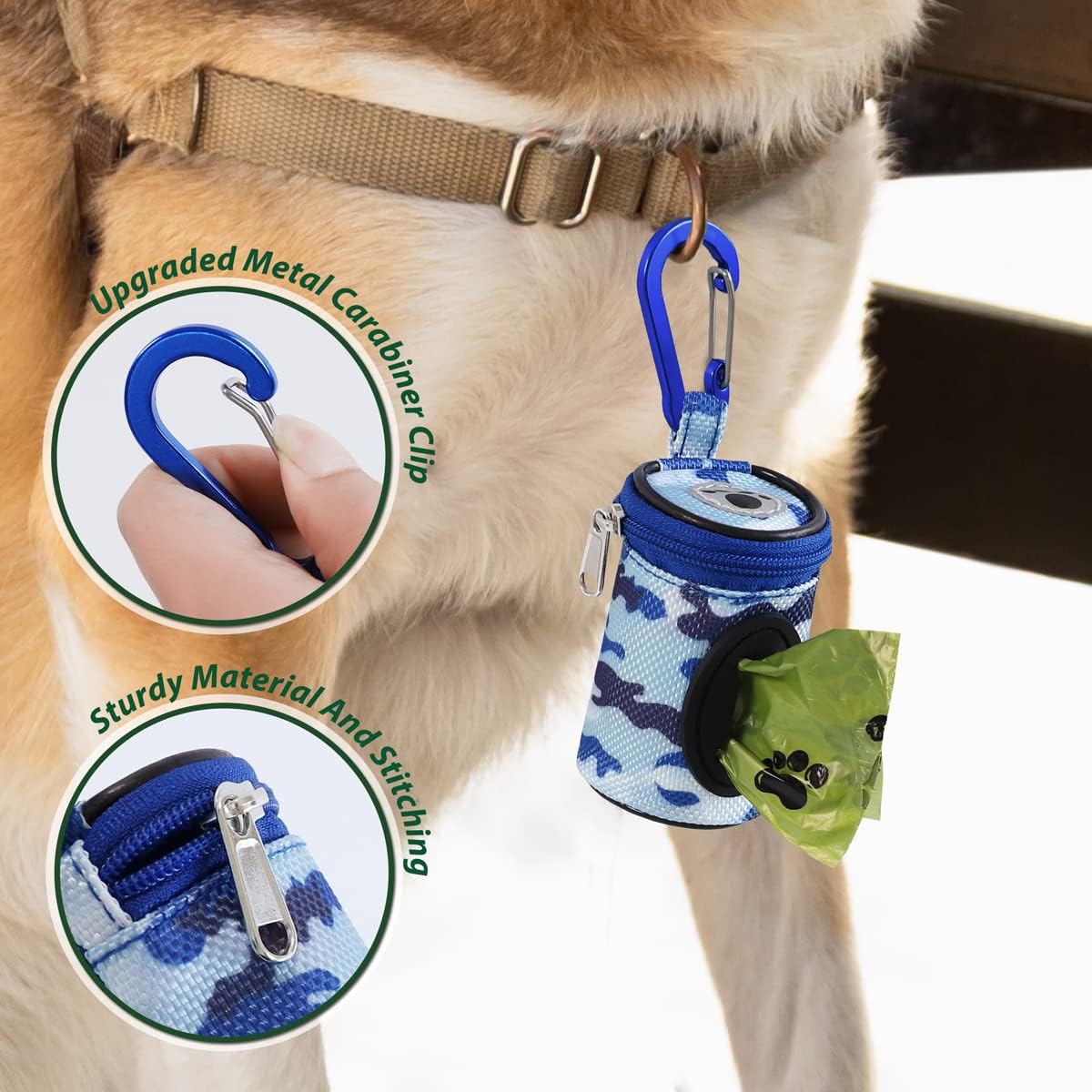 Dog Poop Bag Holder for Leash Doggie Waste Bag Dispenser Puppy Potty Carrier Small Doggy Zipper Pouch with Carabiner Clip 1680D Nylon Oxford with 1 Roll of Pet Trash Bags, Sky Blue Camo