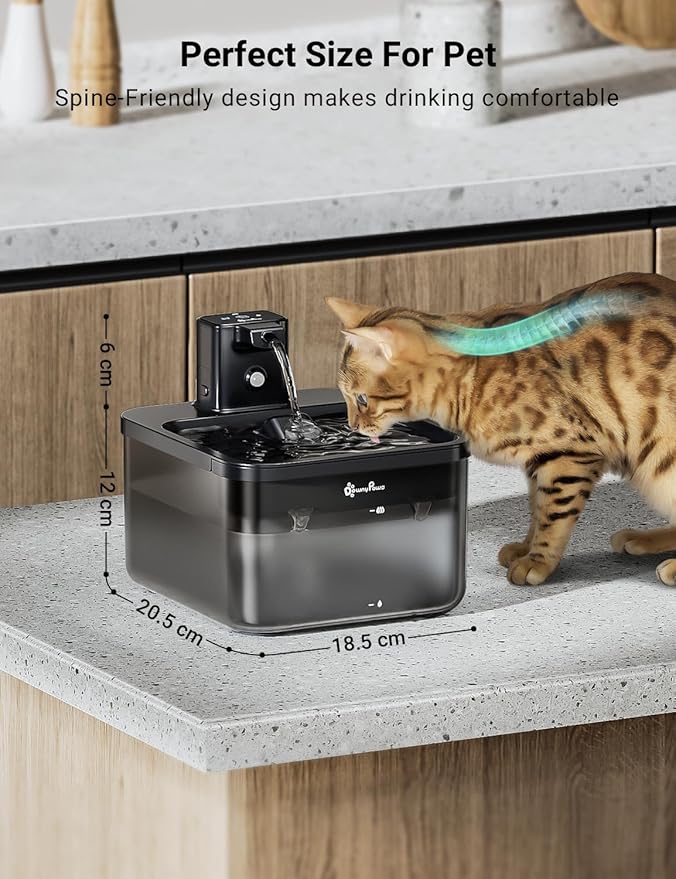 DownyPaws Battery Operated Cat Water Fountain, 84oz/2.5L Fursink Wireless Cat Waterer Fountain with Motion Sensor, BPA-Free, Black with 6 Filters