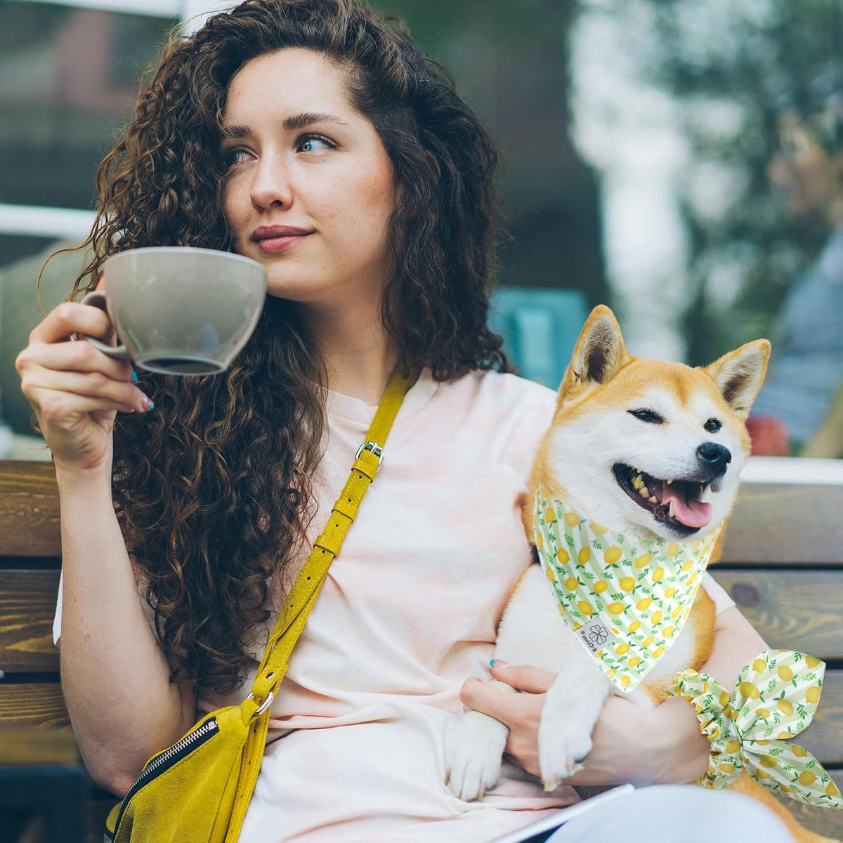 E-Clover Summer Lemon Dog Bandanas & Matching Scrunchie Set Green Stripe Dog Scarf Bibs Pet Bandana with Bow Tie for Small Dogs Puppy Owner Mom