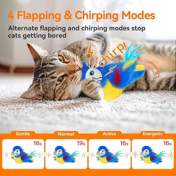 Cat Toys Flapping Bird(Cannot Fly), Electric Simulated Chirping Bird Interactive Kitten Toy with Flappy Wings, Rechargeable Touch Activated Toy with Catnip and Feather for Indoor Cats- Bule