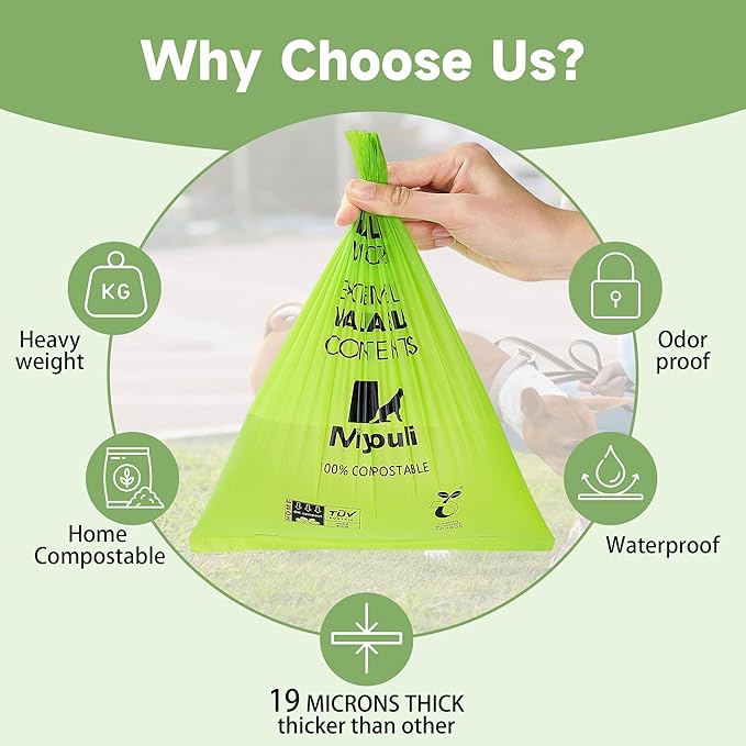 100% Certified Compostable Dog Poop Bag Rolls, 120 Bags (8 Rolls) Eco-Friendly Poop Bags for Dogs, Leak Proof Unscented Easy Open Poop Waste Bag（Green）