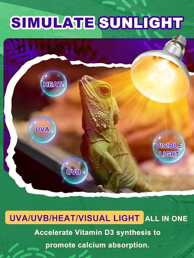 Heat Lamp Bulb, 100 Watt Pack of 2 Full Spectrum UVA UVB Reptile Heat Bulb, Basking Spot Light, Simulate Natural Sun Light for Reptile and Amphibian (Pack of 2)
