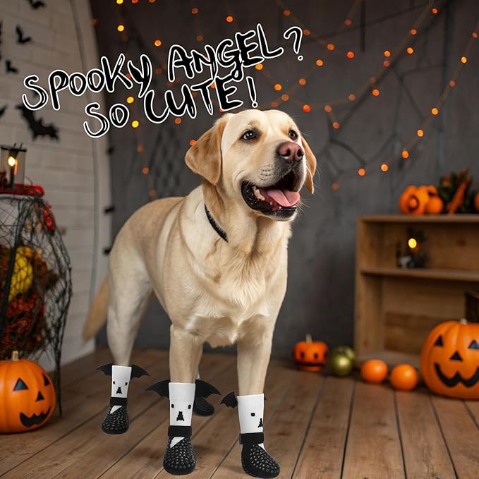 EXPAWLORER Halloween Anti Slip Dog Socks to Prevent Licking Paws, Boots & Paw Protectors with Grippers,Doggie Booties for Hardwood Floors for Small Medium Large Senior Dogs Costume White Ghost Wings L