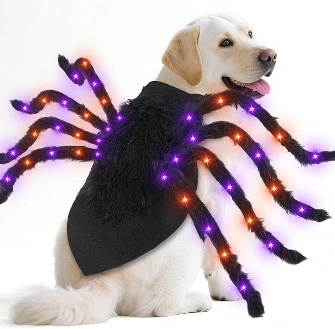 Camlinbo 24 LED Spider Dog Halloween Costume for Small Medium Large Dogs, Furry Giant Spider with Orange Purple Lights Puppy Pet Costume Outfits Clothes Funny Halloween Costume Party Cosplay