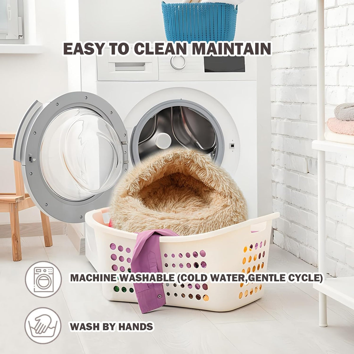 Cat Bed for Indoor Cats, Calming Cozy Cave with Self-Warming Plush, Entire Bed Machine Washable & Anti-Slip Base, Breathable Pet Bed for Small Cats&Dogs All Seasons (Apricot Color, 20 * 20inch)