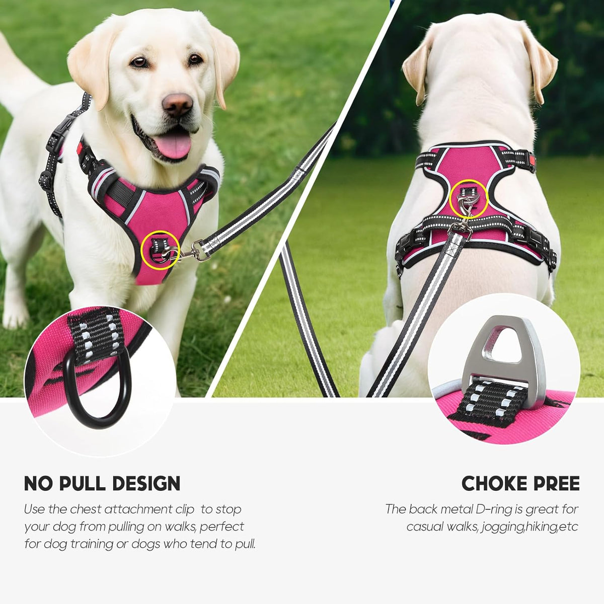 Timos Dog Harness, 3 Snap Buckles No-Pull Soft Padded Dog Vest with 2 Metal Leash Clips, Adjustable Reflective No Choke Pet Harness with Easy Control Handle for Extra Large Dogs,Rosy,L