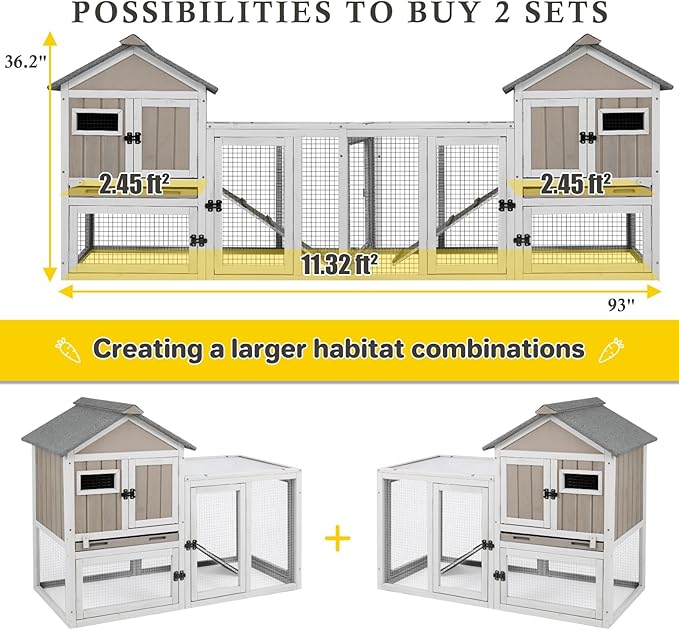 94''L Rabbit Hutch Outdoor Chicken Coop with Run, Wooden Indoor 2 Story Bunny House with Waterproof Roof, Pull Out Tray, Guinea Pig Rabbit Duck Cage for Small to Medium Animals and Pet Lover, Gray