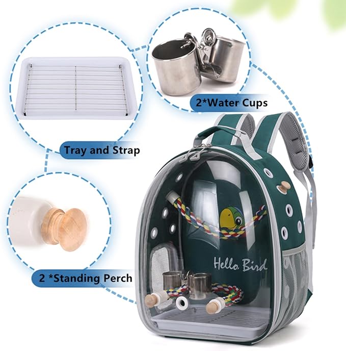 Bird Traval Carrier Cage, Multi Vent Holes Clear Space Capsule Astronaut Backpack to Carry Parakeet Cockatiel Parrot with Metal Tray Wood Perch, Vet Transport Book Bag (Green) (Green)