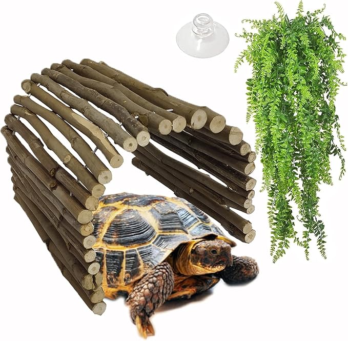 Hamiledyi Extra Large Tortoise Hide Reptile Hiding Cave Turtle Hut Gecko Hideaway Climbing Tunnel Toy Lizard Bendable Wooden Bridge for Adult Bearded Dragon Snake Chameleon Habitat Accessories