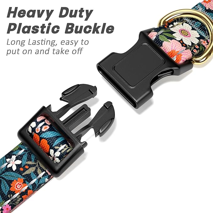 Reflective Dog Collar for Medium Dogs, Cute Flower Theme Adjustable Heavy-Duty Nylon Puppy Collar for Boy and Girl Female, Soft Pet Accessories with Quick Release Buckle, Elegant Floral