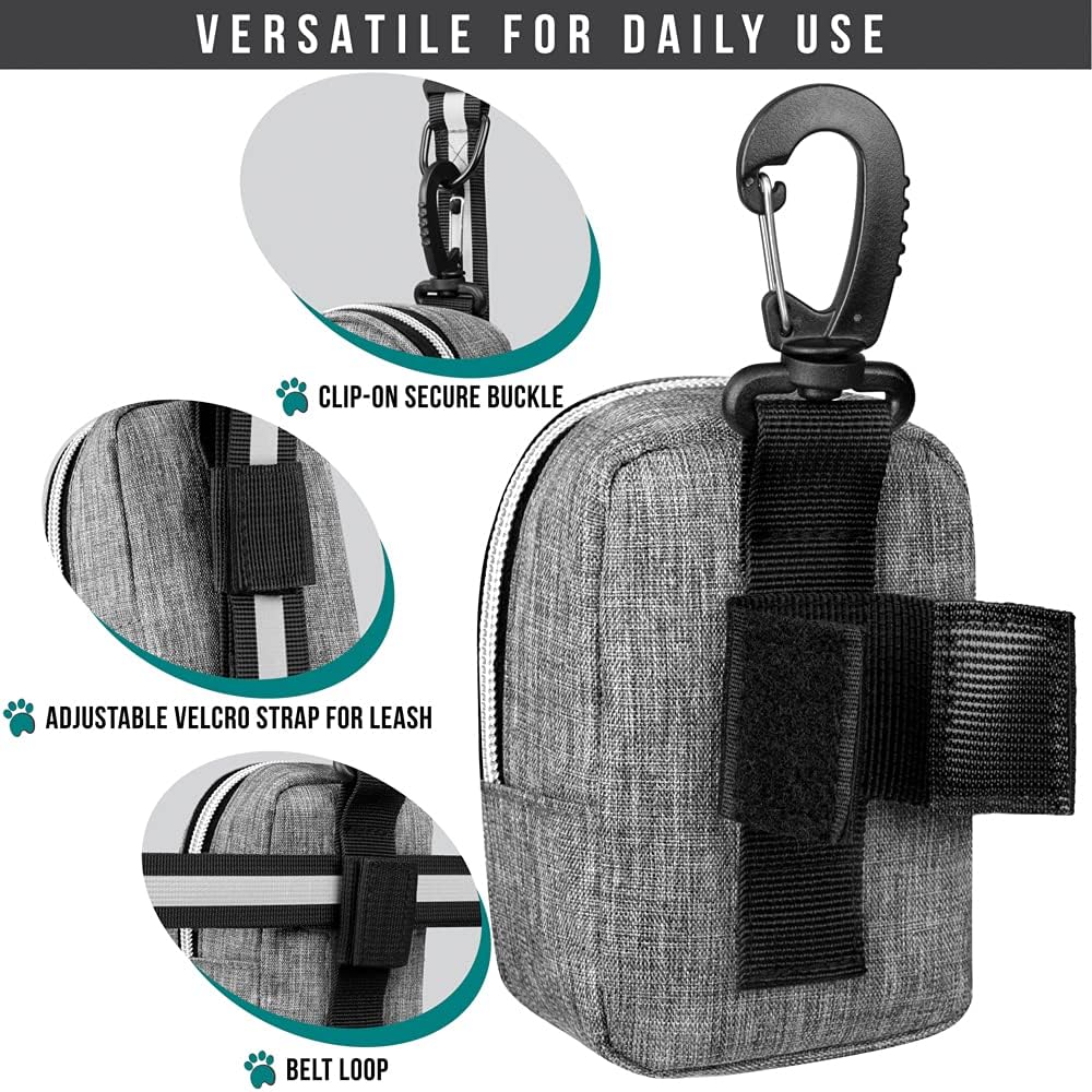 PetAmi Dog Poop Bag Holder for Leash, Dog Pet Waste Bag Dispenser For Poop With Clip, Doggy Puppy Walking Accessories Travel Camping, Dog Treat Pouch Supplies Must Have With Dog Bag Roll, Light Gray