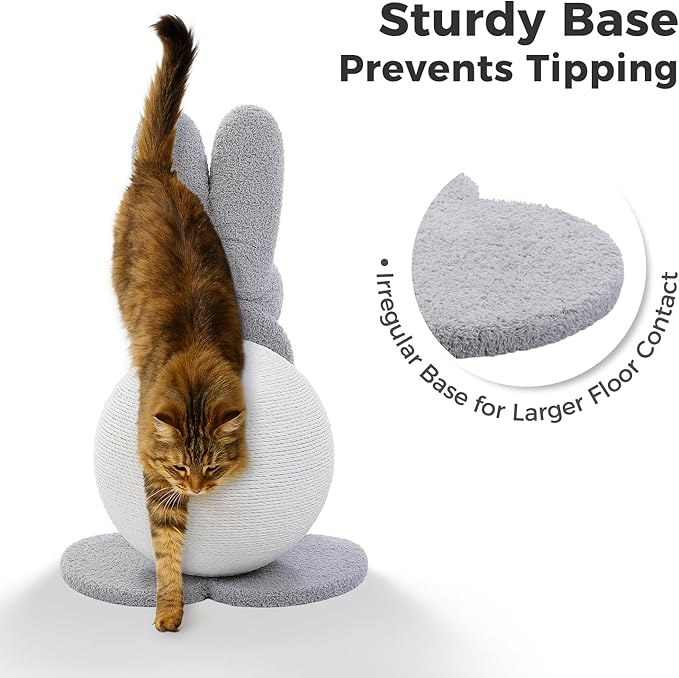 Cute Cat Scratcher- Bunny Style, Cat Scratching Post with Paper Rope, Extra Large Cat Scratch Ball (Ø11.8) for Indoor Kitten, Rabbit Scratch Ball for Kitty to Climb & Play, Gray