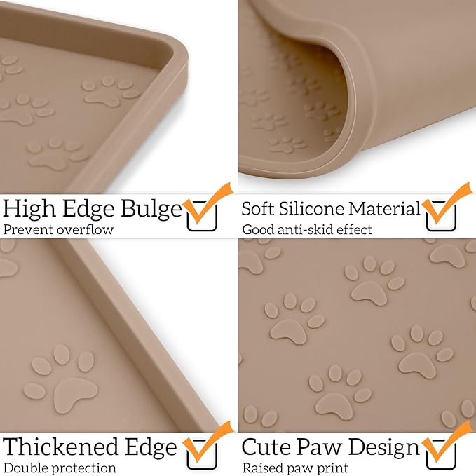 Ptlom Silicone Dog Food Mat Waterproof Pet Feeding Mat with High-Lips, Anti-Slip Dog Bowl Mat for Food & Water, Non-Spill Puppy Feeding Tray for Small, Medium & Large Dogs and Cats, Taupe