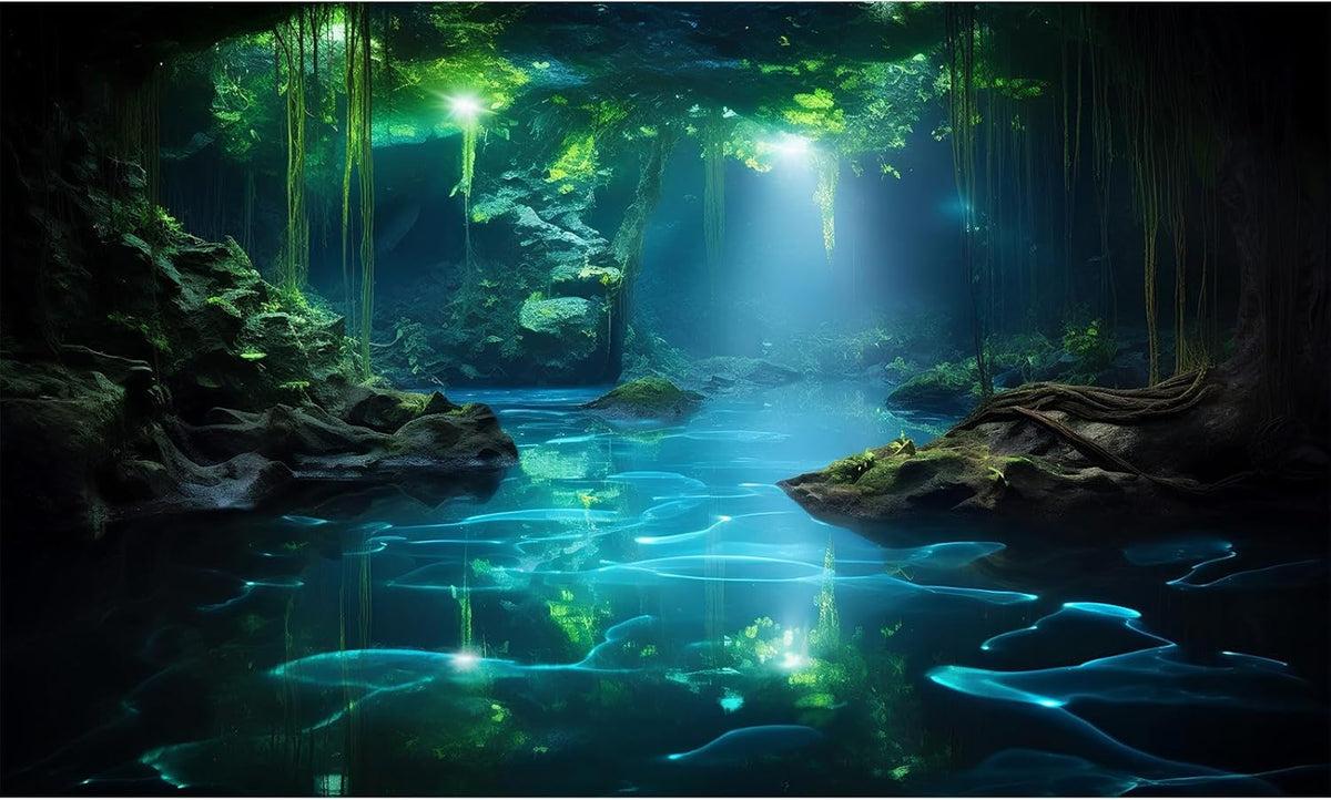 Cave Aquarium Background Underwater Cave with Light Beam Tranquil Stream Terrarium Background Mysterious Elegant Fantasy Tropical Plants Fish Tank Backdrop Wallpaper Poster Decorations Vinyl 30x18in