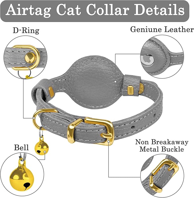 OOPSDOGGY Leather AirTag Cat Collar with Bell - Non Breakaway Kitten Collar with Apple Air Tag Holder - Lightweight GPS Pet Collars for Girl Boy Cats, Small Dogs, Puppies (Gray)