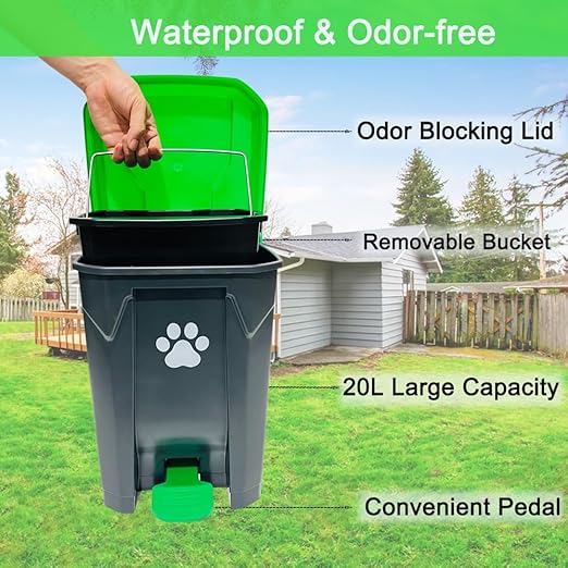 20L/5Gallon Dog Poop Trash Can Outside with Pooper Scooper & 50 Waste Bags- Outdoor Dog Poop Trash Can with Lid, Foot Pedal and Removable Inner Bin Waterproof and Odor Control