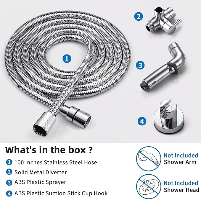 G-Promise Dog Shower Sprayer Attachment for Fast and Clean Pet Showering, Multifunctional Shower, Metal Diverter, 100 Inch Extra Long Hose, No Drill Hook, Dog Washing-Bathroom (Chrome)