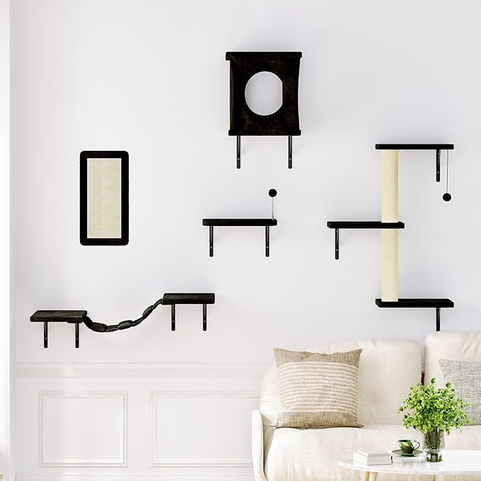 NUNU LAB Cat Wall Shelves Set, 5 Pcs Wall-Mounted Cat Climber with Cat House, Bridge, Scratching Post, Hammock, Wall Shelves, Black