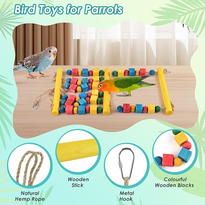 Bird Toys, Parrot Chew Swing Toy with Perches Stand, Hanging Colorful Wood Block Bird Cage Accessories for Small to Medium Quaker African Grey Budgie Cockatiels Amazon Parrots