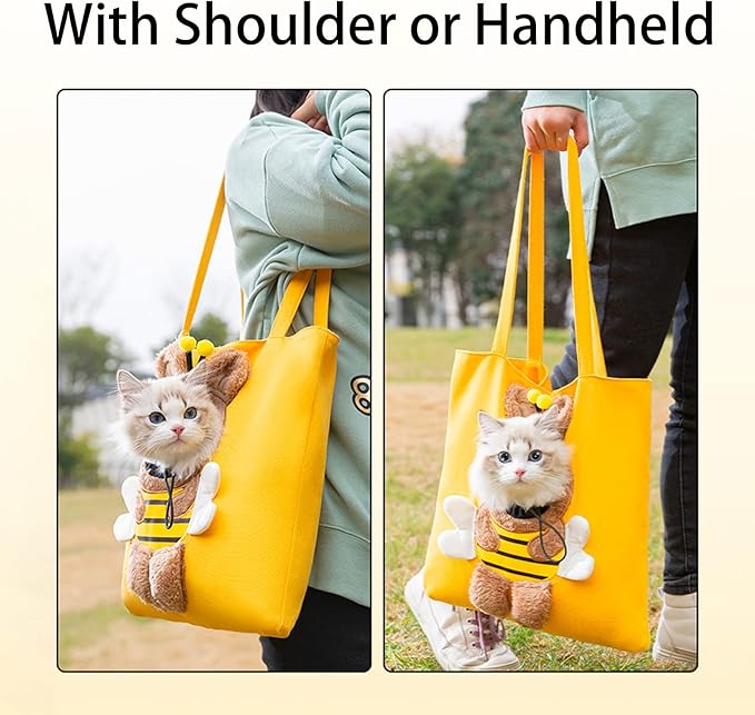 Pet Canvas Shoulder Carrying Bag, Cute Bee Shaped Cat Carrier, S Size Portable Kitten & Puppy Tote, Cozy Carriers for Small Dogs, Cats, and Pets, Handbag for Outdoor, Shopping, and Camping