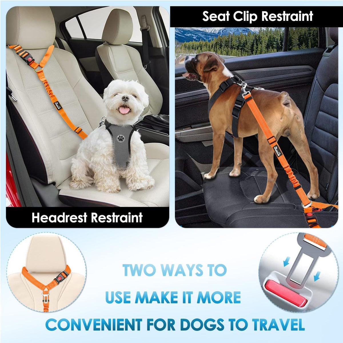 Lukovee Dog Seatbelt Leash for Cars, 2 Pack Pet Safety Car Seat Belt with Adjustable Buckle & Reflective Bungee, Connect Dog Harness in Vehicle Car Dogs Restraint Travel Daily Use (Orange)