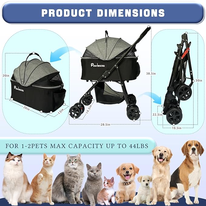 4 Wheels Pet Stroller 4 in 1 Pet Stroller with Detachable Carrier for Small & Medium Dogs Cats up to 55 lbs Easy-Folding Travel Dog Wagon with Car Seat Breathable Mesh,Khaki