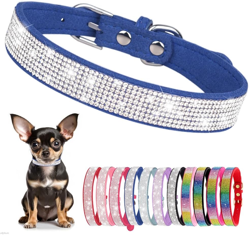 Rhinestone Dog Collar for Small Dogs, Bling Diamond Fancy Crystal Glitter Pretty Jewel Pet Puppy Collars for XXS XS Small Medium Large Breed Girl Dogs Female Cats Kitten, Blue XL