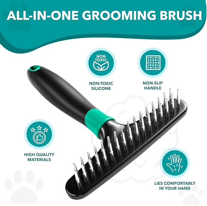 Deshedding Brush Comb - Undercoat Rake for Dogs, Cats, Short, Long Hair Coats - Double Row Stainless Steel Pins - Reduce Shedding by 90% (Green)