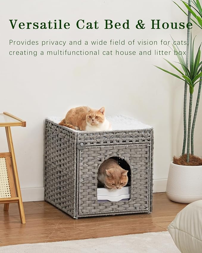Cat Beds for Indoor Cats Extra Large Double Cat Cave Pet Cube, Handwoven Rattan Cat Houses with Double-Sided Soft Cushions, 18.5 x 20.5 x 19.1 Inches Foldable Hideaway in Living Room Gray