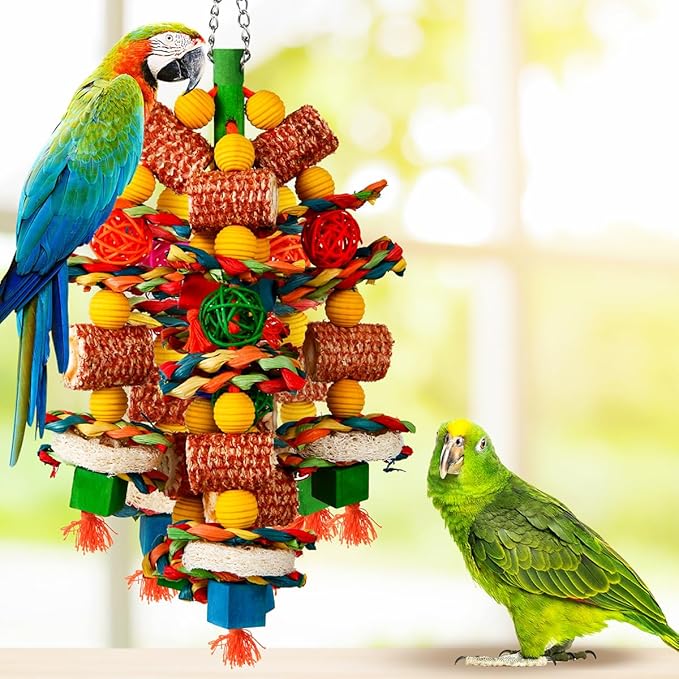 Bird Toys, Parrot Toys for Large Birds,Natural Corn cob and Loofah Slices Bird chew Toys for African Grey Parrots, Macaws, Cockatoos, Amazon Parrot and other Small and Medium-Sized Parrot (Colorful)