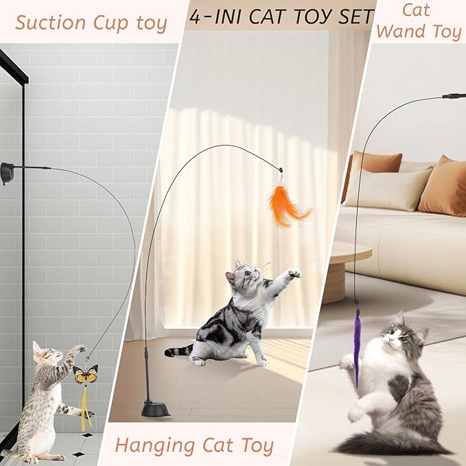 Suction Cup Cat Toys,Interactive Cat Wand with 15Pcs (Feather, Mouse, Butterfly, Worm),Durable Cats Fishing Pole Toy for Indoor Kittens,Fun Stick Toy for Exercise&Play