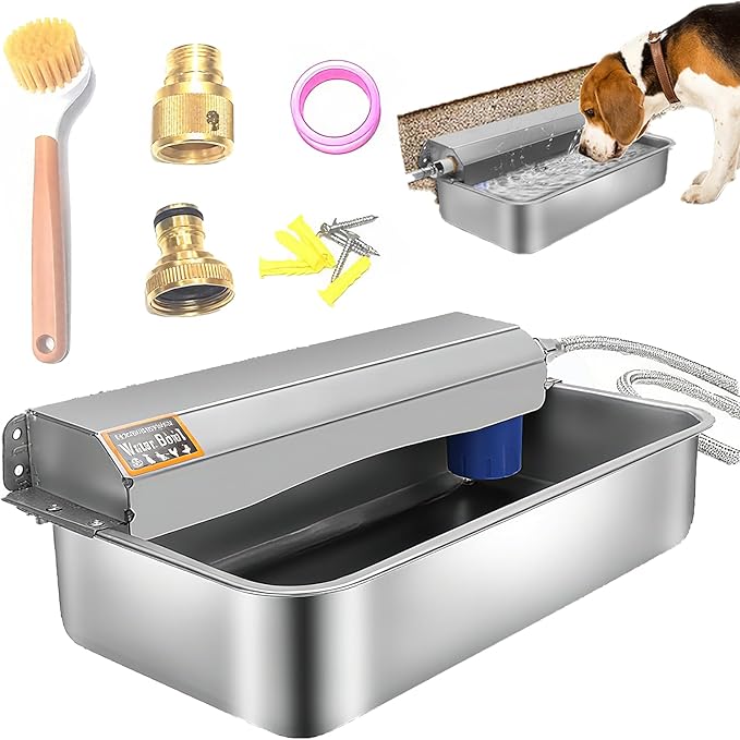 6L Automatic Dog Water Dispenser Bowl for Large Dogs, 304 Stainless Steel Wall Mounted Pet Waterer with Float Valve, Self-Filling Outdoor Water Trough for Pets/Livestock