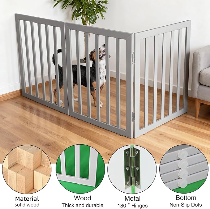 ZJSF Freestanding Indoor Dog Gate for House Foldable Wood Grey Puppy Gate for Doorways Pet Gate for Stairs Extra Wide Pet Fence 24" Height 3 Panels