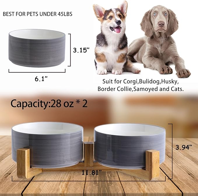 Petygooing Dog Bowls,Ceramic Cat Dog Bowl Set with Wood Stand for Food and Water,Non-Slip Weighted Cute Pet Dish Set for Cats and Medium Size Dogs (28OZ/6.1 in) Grey White