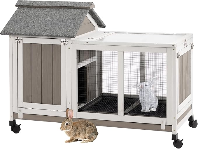 38.19"L Rabbit Hutch Indoor and Outdoor with 4 Wheels,Wooden Rabbit Cage with Pull Out Leak-Proof Tray for 1-2 Rabbits,Bunny Hutch with Asphalt Roof Suitable for Garden,Park,Living Room,Grey