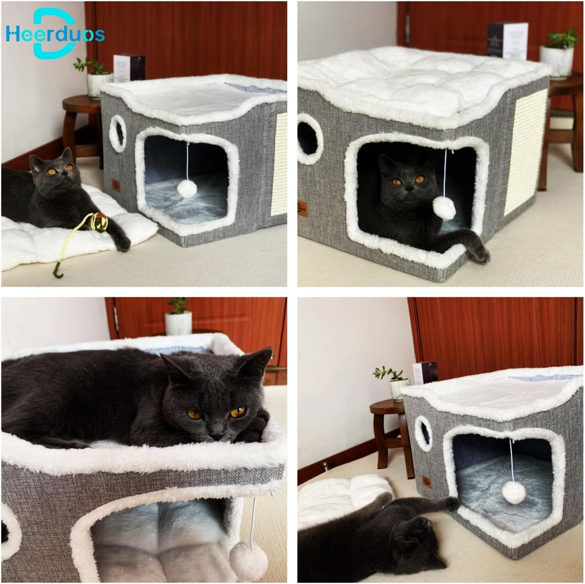 Cat Bed for Indoor Cats,Covered Cat Cave House & Furniture with Scratch Pad,Foldable Cat Hideaway Hut Cute Cat Condo with Soft Washable Mat for Multi Small Pet Under 30 lbs,Dark Grey