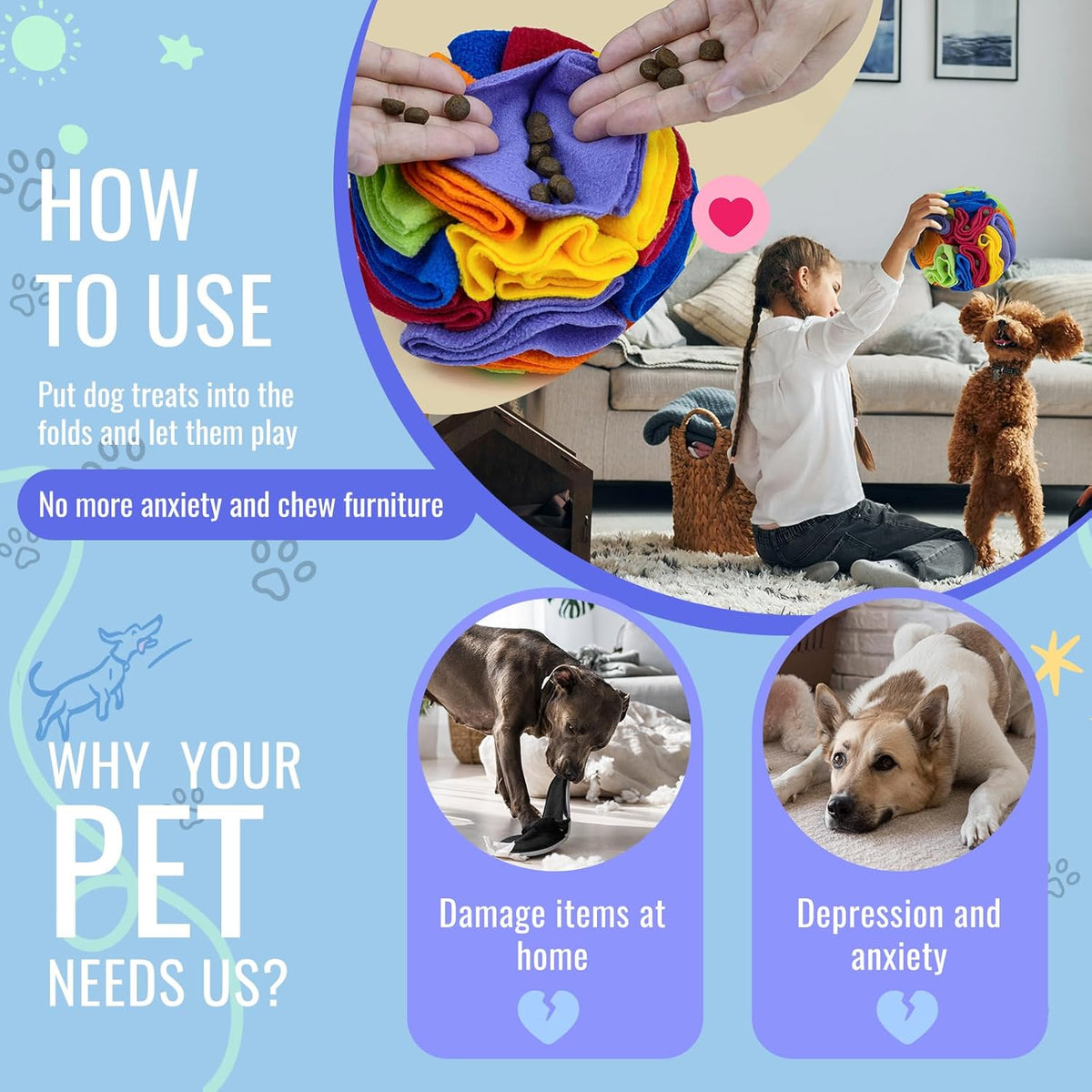 Pet Snuffle Ball, Puzzle Sniffing Interactive Dog Ball for Blind Dogs Training Stress Relief Dog Enrichment Toys Treat Machine Washable (Rainbow Color, 10cm)