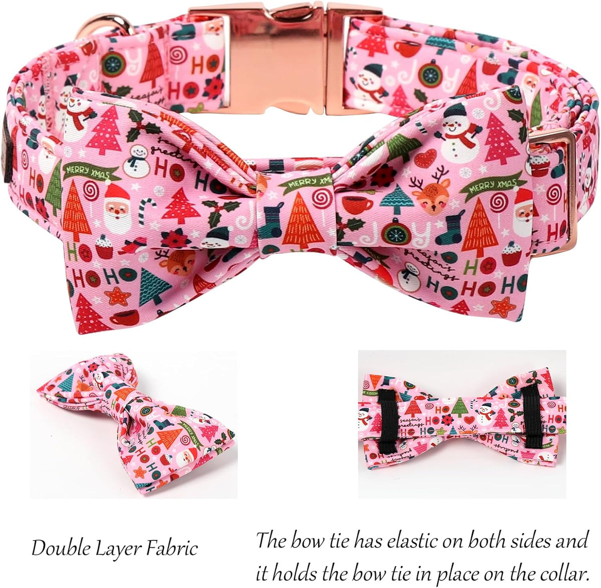 Lionet Paws Christmas Dog Collar with Bow tie,Cute Ho Christmas Tree Snowman Pink Dog Collar Bow Tie for Dogs Female, Medium, Neck 13.5-22 inches
