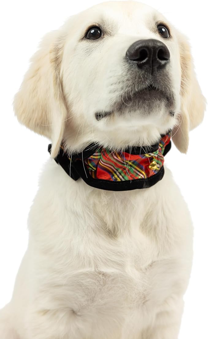 Huxley & Kent Ruff Pet Scrunchy | Shiny Christmas Plaid (Extra-Large) | Festive Christmas/Holiday Neckwear for Dogs/Cats | Fun Stretchable Costume Accessory | Soft Collar with Bells
