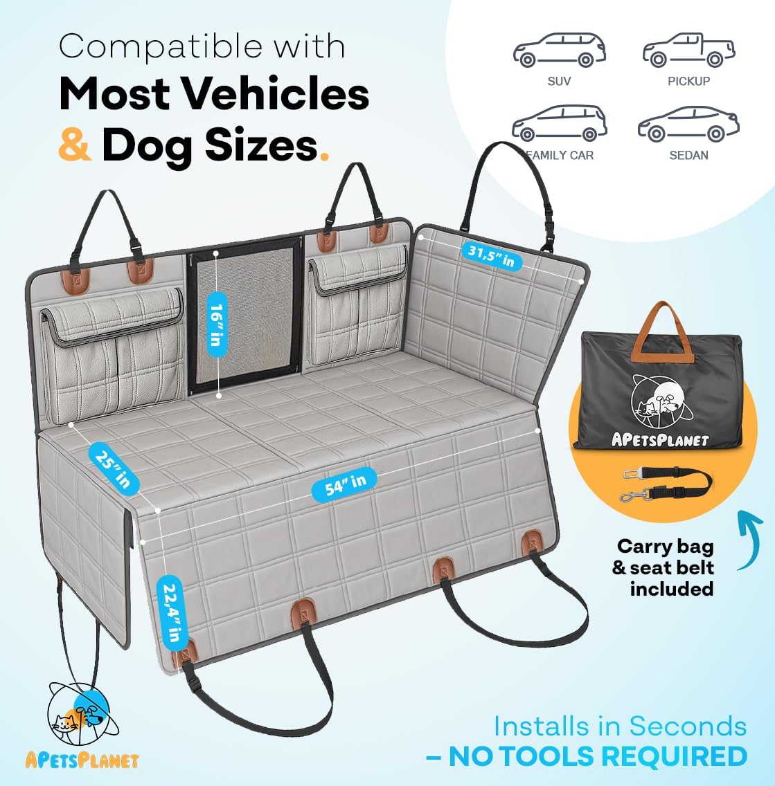 APetsPlanet Dog Car Seat Cover for Back Seat Hard Bottom - Waterproof Backseat Extender for Dogs - Pet Hammock Bed for Car, Truck, SUV with Mesh Window & Storage - Gray Leather, with Door Covers